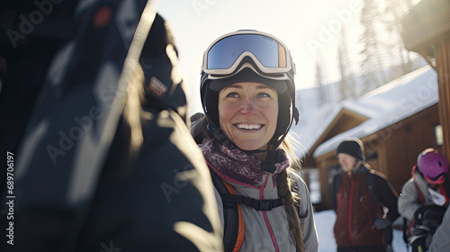 A woman with her ski helmet and goggles before the first ski descent of the day © Erich