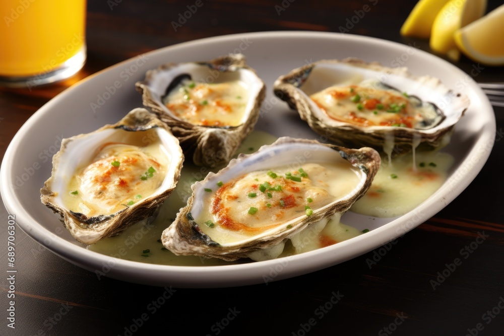 still life of grilled oysters with garlic sauce