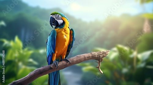 blue macaw bird sitting on a tree branch in the jungle