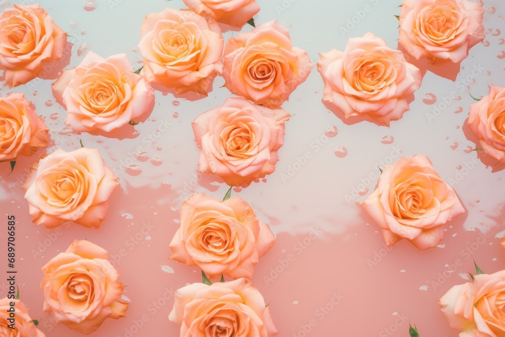 Romantic creative layout with roses floating in water. Minimal nature abstract backdrop. Spa and cosmetic concept background, banner, card. Valentine or woman day. Peach fuzz - color of the year 2024 Romantic creative layout with roses floating in water. Minimal nature abstract backdrop. Spa and cosmetic concept background, banner, card. Valentine or woman day. Peach fuzz - color of the year 2024