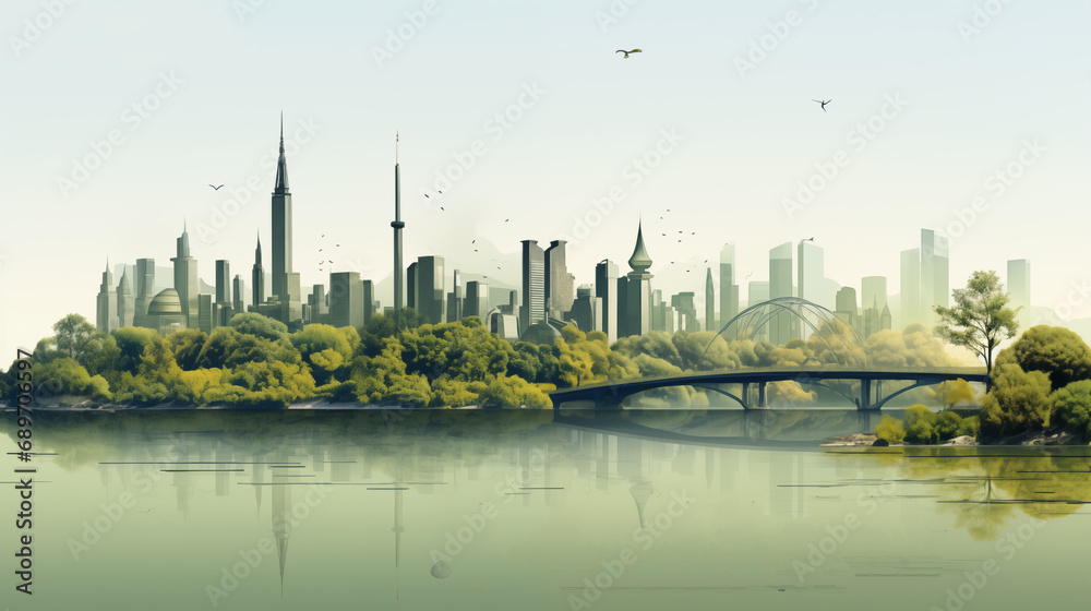 Obraz premium a city-skyline with water reflection and bridge,