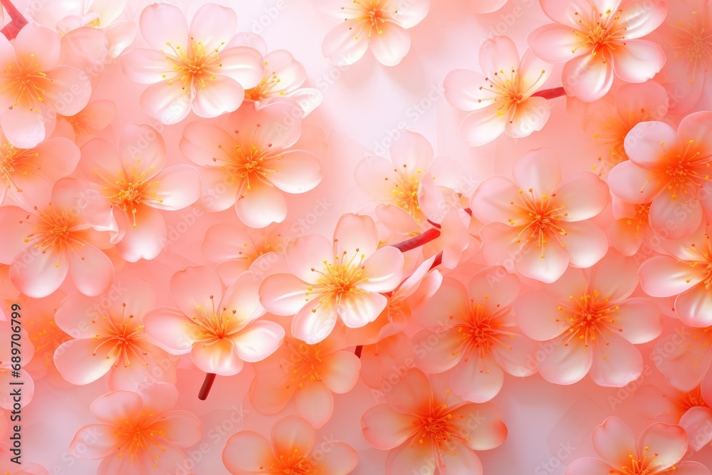 Cherry flower pattern. Spring flowers on light pink background for card, banner, wallpaper, poster with copy space. Beautiful spring concept. Flat lay, top view. Peach fuzz color of the year 2024 Cherry flower pattern. Spring flowers on light pink background for card, banner, wallpaper, poster with copy space. Beautiful spring concept. Flat lay, top view. Peach fuzz color of the year 2024