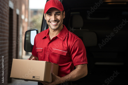 Delivery courier service. Delivery man in red cap and uniform holding a cardboard box near a van truck delivering to customer home. Smiling man postal delivery man delivering a package.