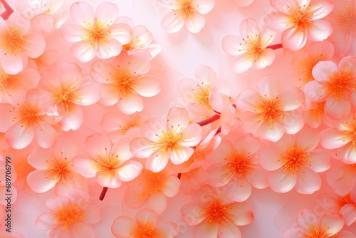 Cherry flower pattern. Spring flowers on light pink background for card, banner, wallpaper, poster with copy space. Beautiful spring concept. Flat lay, top view. Peach fuzz color of the year 2024 © ratatosk