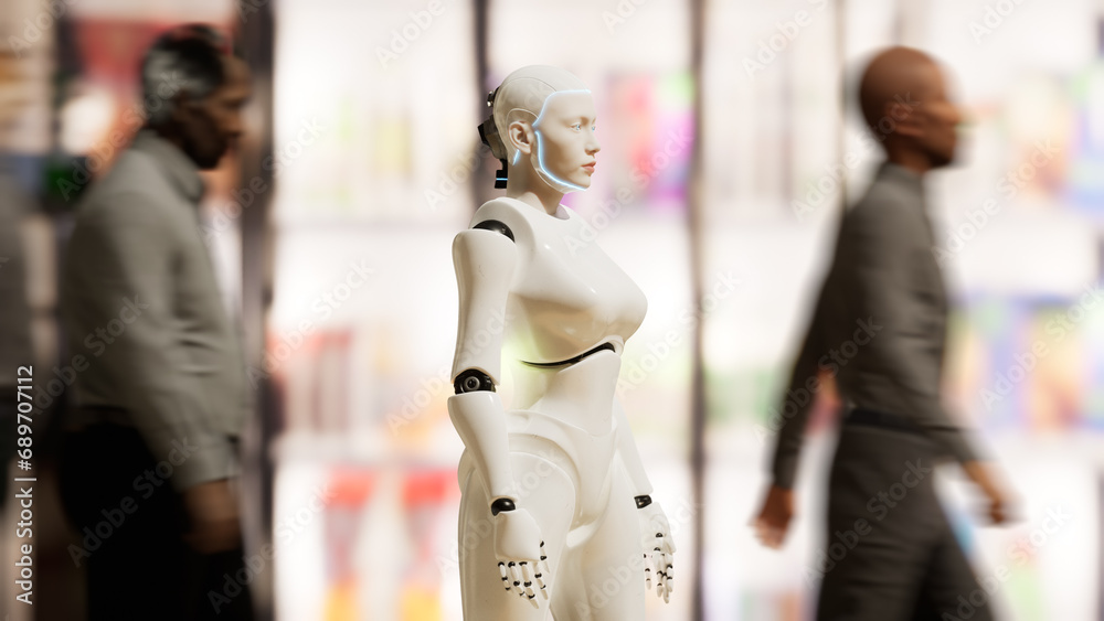 Fototapeta premium female robot staying on a street in a big city and looking around. humanoid AI robot among people. 3d render. future concept