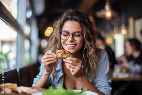 young woman with glasses eating coleslaw sandwich at caf꧃�