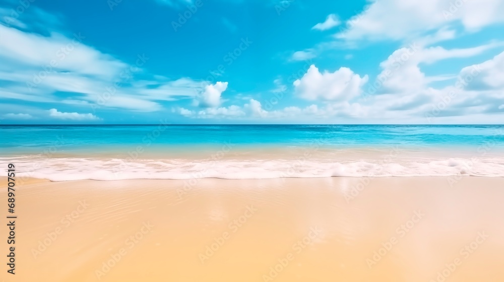 Tropischer Strand im Sommer mit türkisfarbenem Meer und blauem Himmel. Sommerurlaub. Platz für Text
