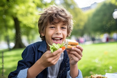 boy joyfully munching a vegan sandwich in a park