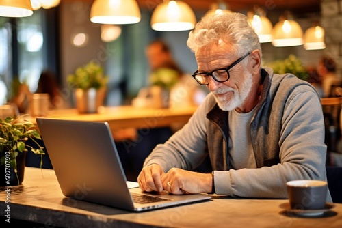 An elderly gentleman at a table in a cafe using a laptop. old man with glasses using a laptop,
