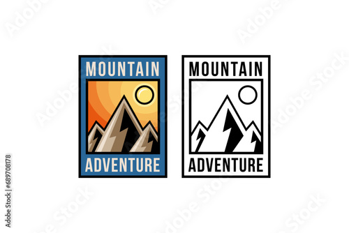 mountain adventure logo design with sunny weather on rectangle frame for sport and adventure