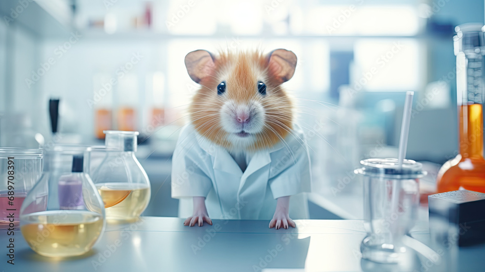 little hamster Doing science experiments with test tubes and beakers in the laboratory.