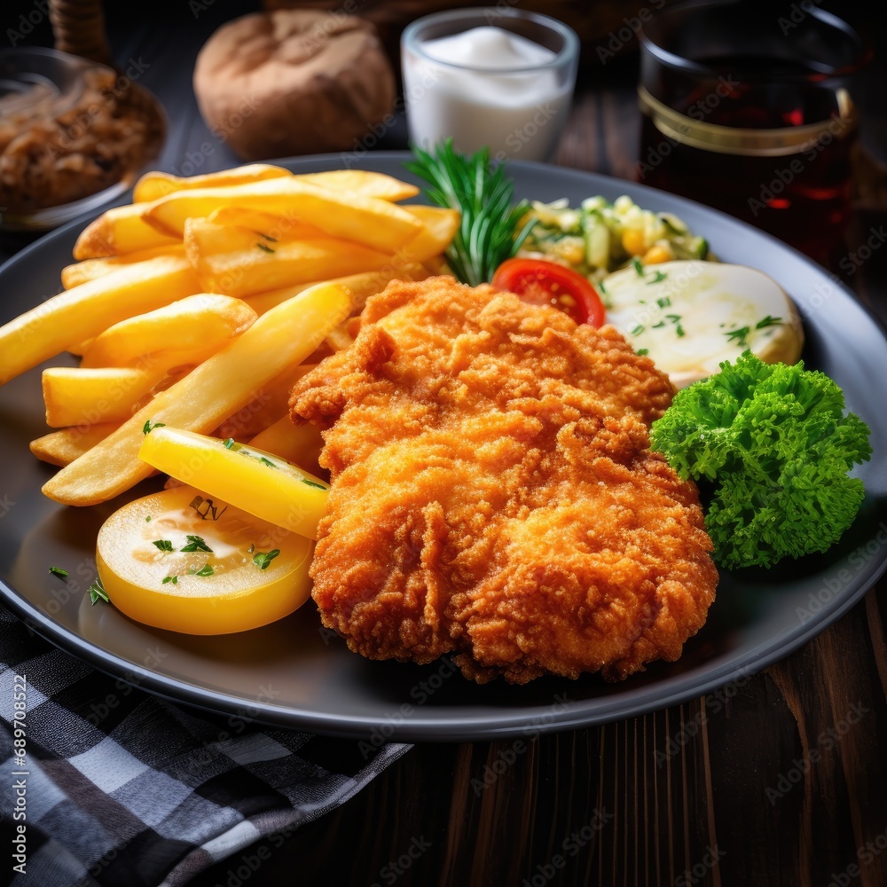 fried chicken fillet schnitzel with french fries and vegetables on a plate fried chicken fillet schnitzel with french fries and vegetables on a plate