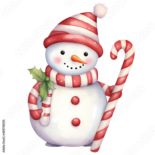 Cute Snowman Candy Cane Christmas Watercolor Clipart Illustration