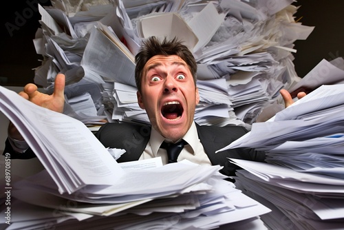 The businessman is yelling in exasperation as he strews papers around, drowning in a mountain of paperwork and pleading for assistance.