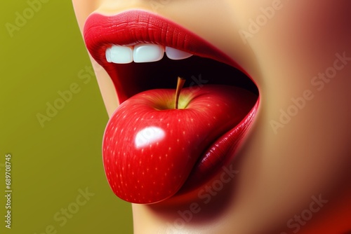 Weird apple tongue. Red apple in open mouth in shape of tongue sticking out. Minimal concept of importance of eating an apple a day, fruit and vitamins. photo