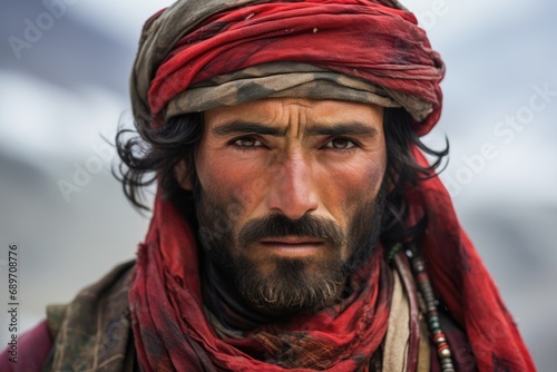 the intense face of a buzkashi player in traditional attire