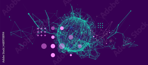 Abstract sphere background with plexus effect. 3D surface. Hand made vector illustration.