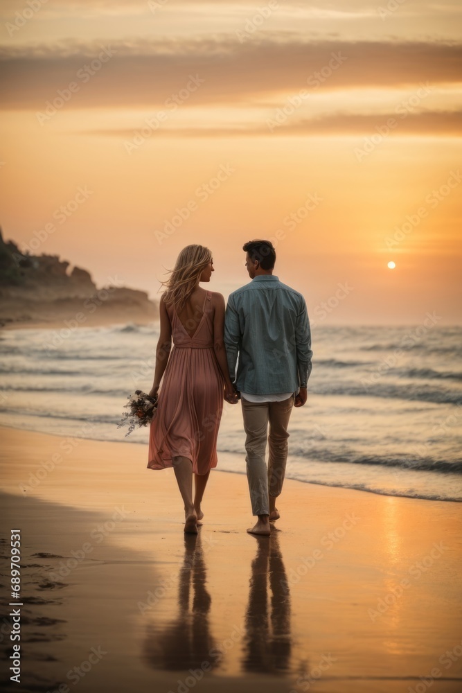 Rear view of a young couple in love holding hands walking along the sandy beach at sunset. Love, Valentine's day, youth, lifestyle, travel concepts.