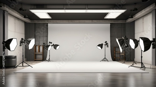 Photo studio with lighting equipments and white backdrop AI Generated