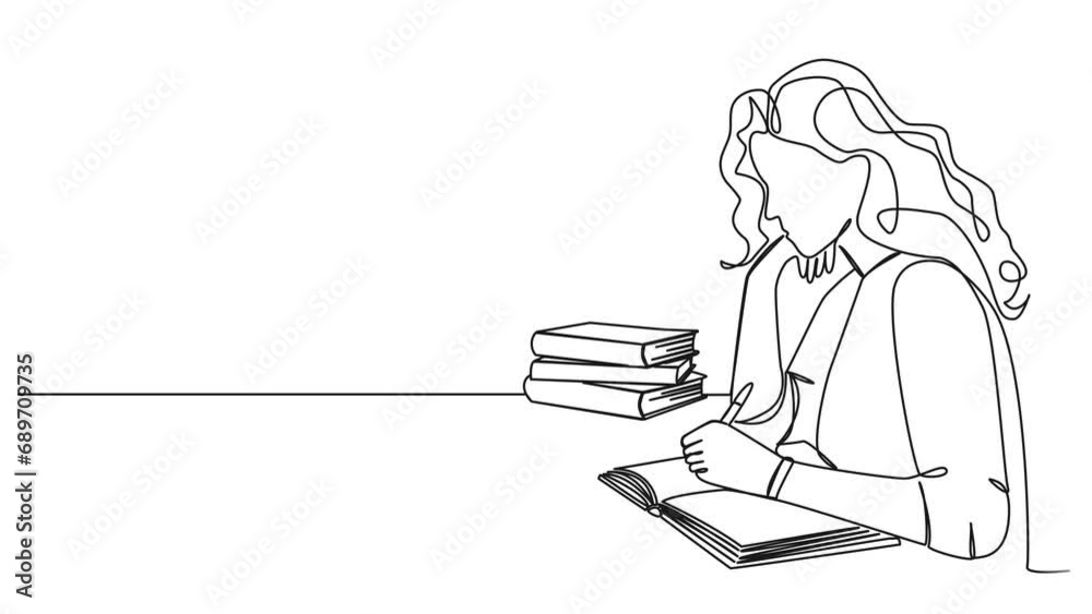 animated continuous single line drawing of woman writing in journal or diary, line art animation animated continuous single line drawing of woman writing in journal or diary, line art animation