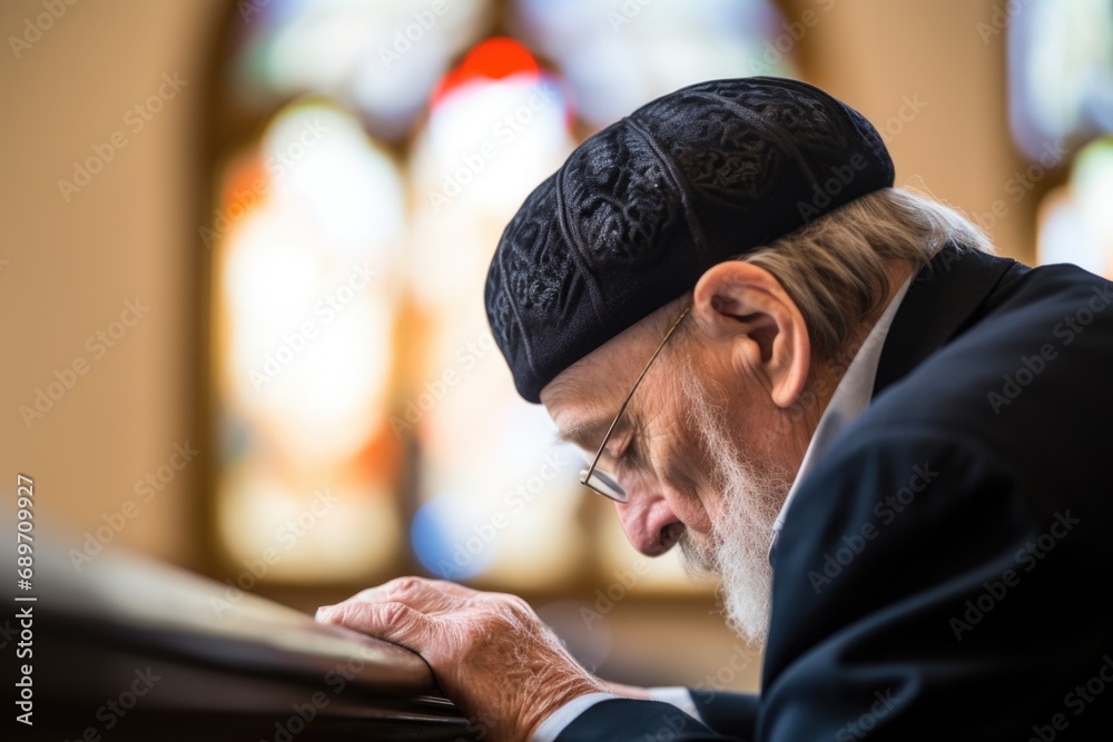 man wearing a kippah praying in a synagogue - obrazy, fototapety, plakaty 