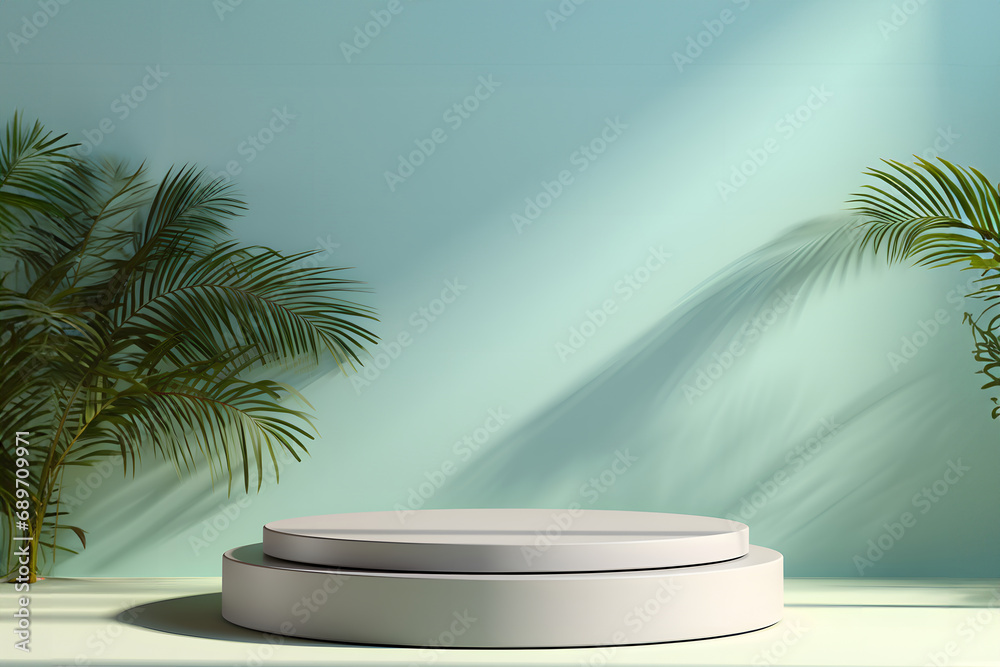 Obraz premium White podium against blue background with tropical leaves for product display or cosmetic presentation