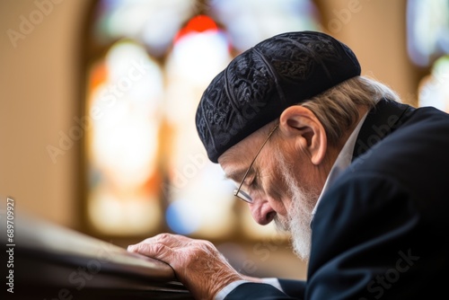 man wearing a kippah praying in a synagogue photo