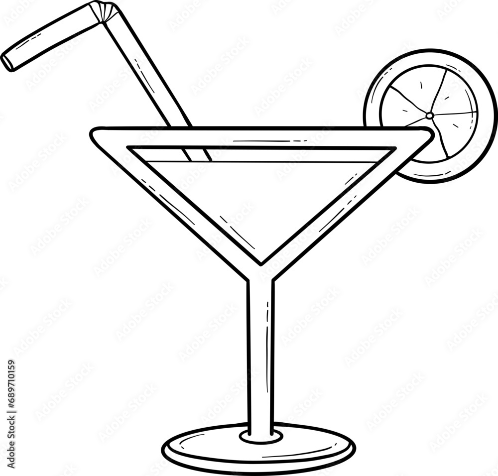 Line art illustration of a martini glass with a straw and lemon slice Line art illustration of a martini glass with a straw and lemon slice