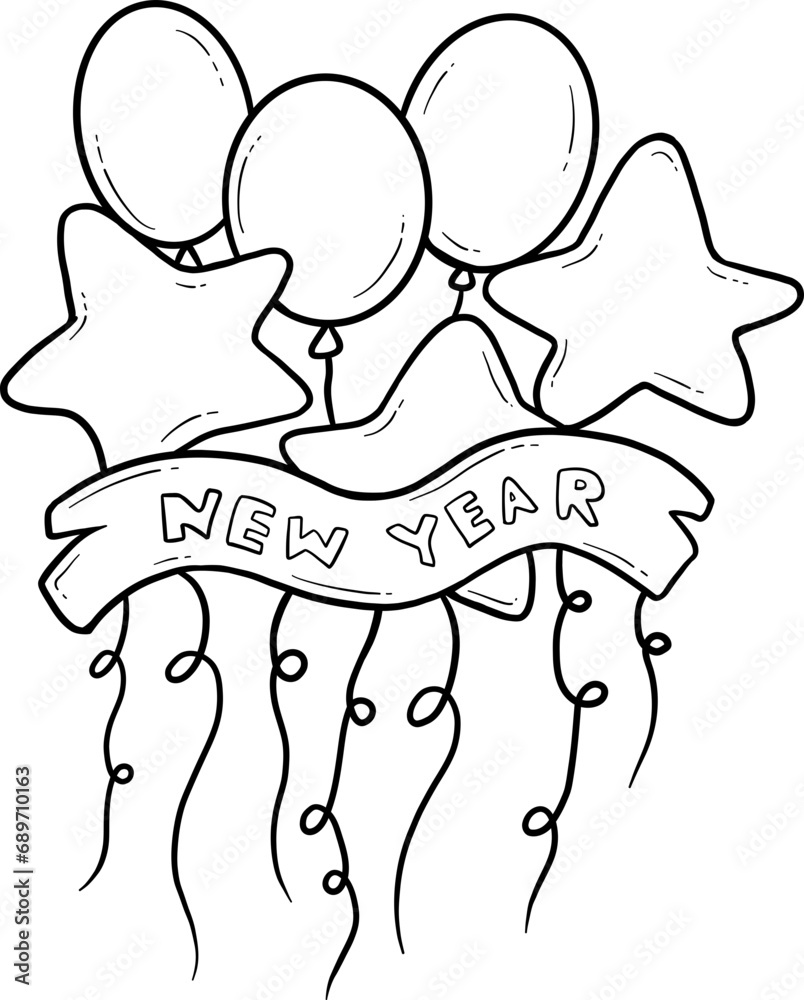 Hand drawn New Year celebration sketch with balloons, stars, and a ribbon banner. Hand drawn New Year celebration sketch with balloons, stars, and a ribbon banner.
