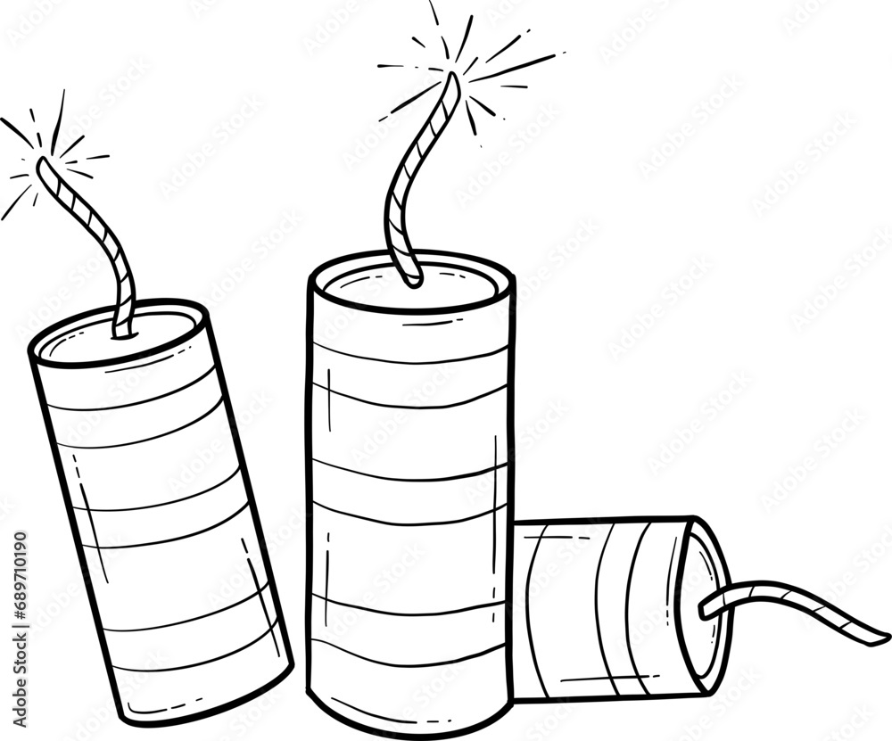 Black and white line art of three fireworks or firecrackers with fuses