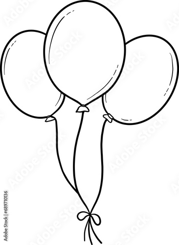 Black and white line art of three helium balloons tied together