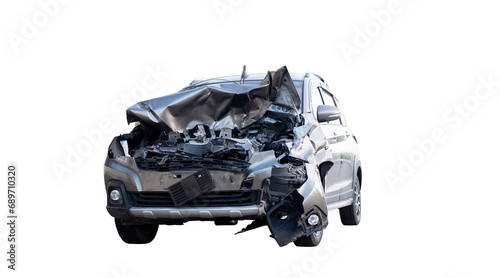 Front and side of new bronze car get damaged by accident on the road. damaged cars after collision. isolated on transparent background, car crash bumper graphic design element, PNG File