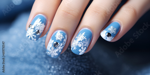 Christmas nail design that features classic Christmas elements  with snowflake patterns  and a touch of shimmer Woman hand with long nails blue nail art Close-up of festive Christmas manicure.. 