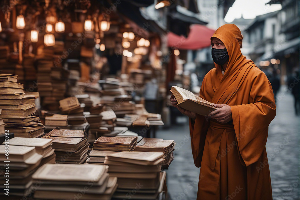 Street bookseller. A monk in a mask sells old books at a street market. AI generated
