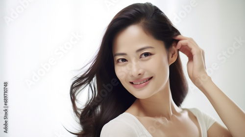 髪を触るアジア人の美しい中年女性