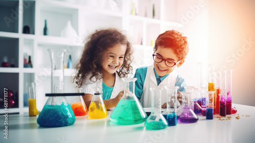kids science testing in laboratory and surprise excite