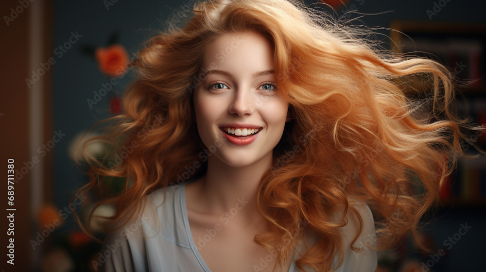 Ginger-haired woman with scarf, joyous smile