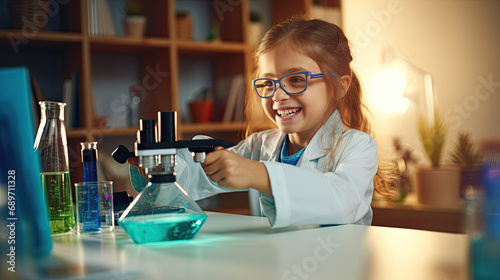 A little girl who dreams of being a scientist is doing a science experiment.