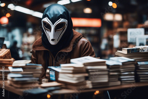 Street book seller A seller wearing an alien mask sells very old books at a street market.AI generated