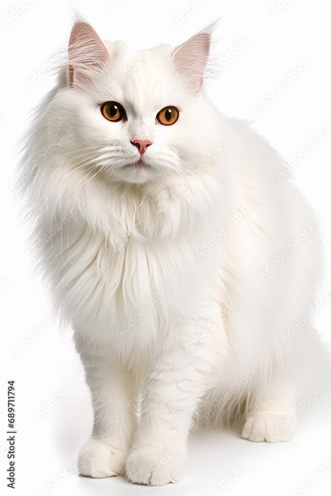 Portrait of white fluffy cat on white background