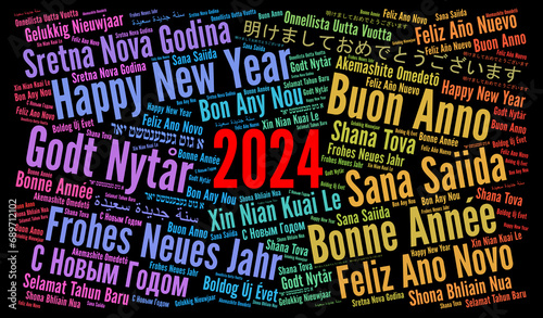 Happy New Year 2024 word cloud in different languages 