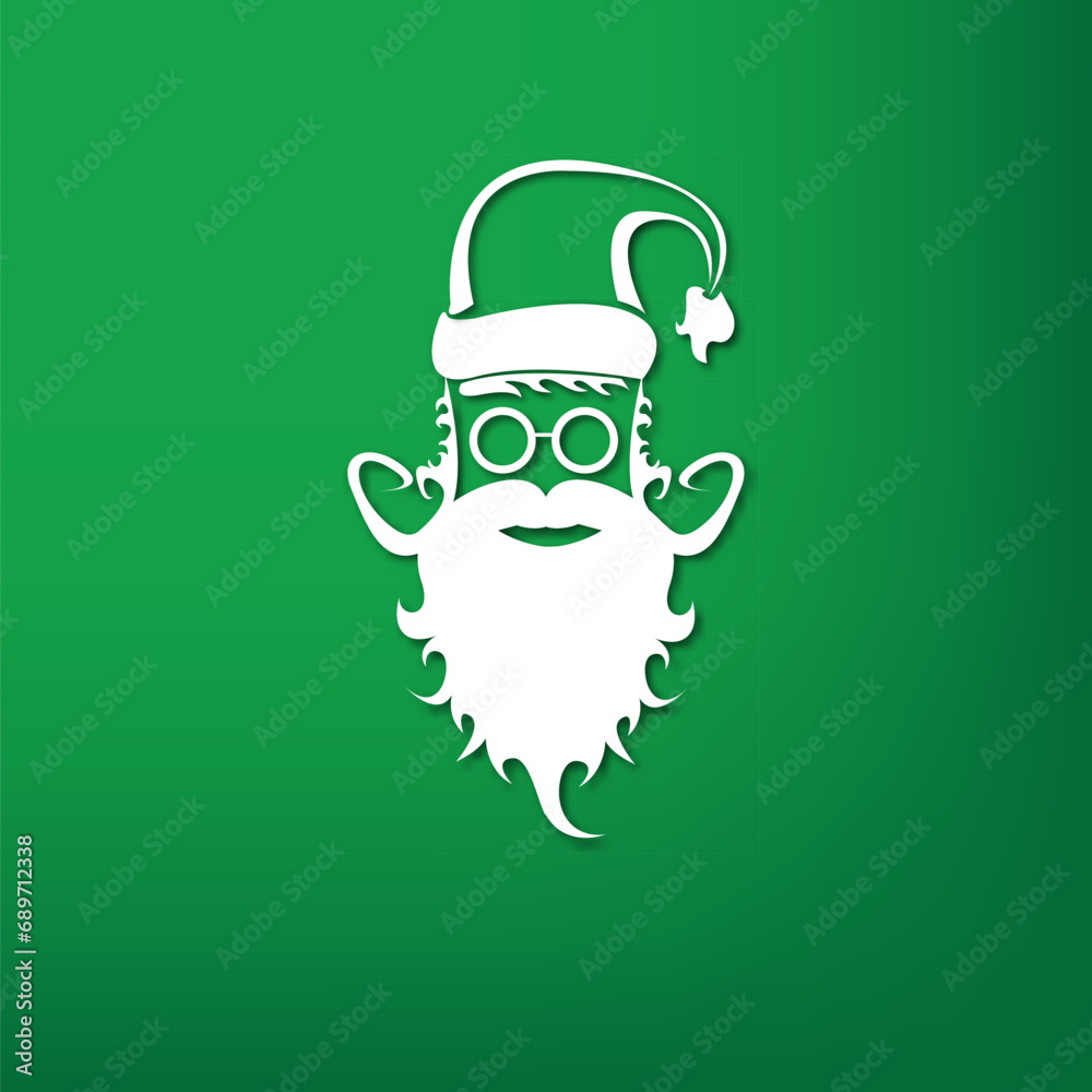Fototapeta premium Vector white silhouette of Santa Claus with shadow isolated on green background. Santa Claus icon, print, badge and label design template. Funky christmas old man character with beard and mustache