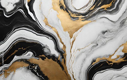 Abstract painting in black, white and gold marble style