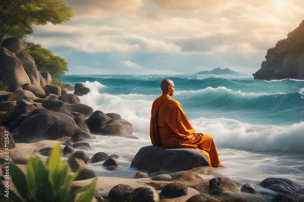 Buddhist monk. A monk meditates on the seashore. Soft focus. AI generated Buddhist monk. A monk meditates on the seashore. Soft focus. AI generated