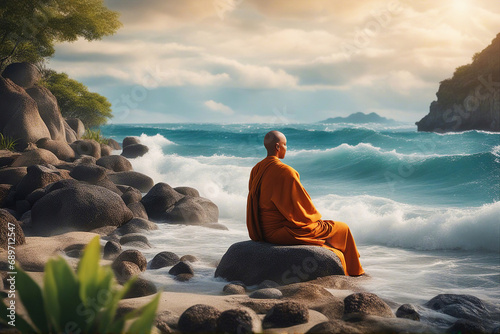 Buddhist monk. A monk meditates on the seashore. Soft focus. AI generated photo