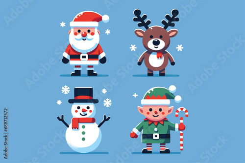 Charming Collection of 4 Minimal Vector Christmas Graphics - Featuring Santa, Elf, Rudolph, and Frosty for Festive Designs
