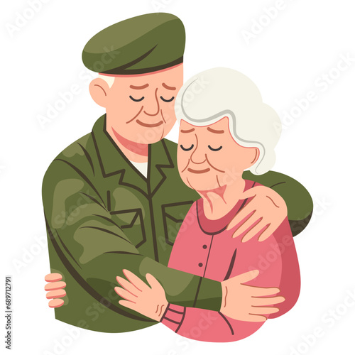 Elderly couple grandfather and grandmother in embrace. Family portrait of a military man and his wife. People. Conceptual encounter or keepsake photo. Cartoon.