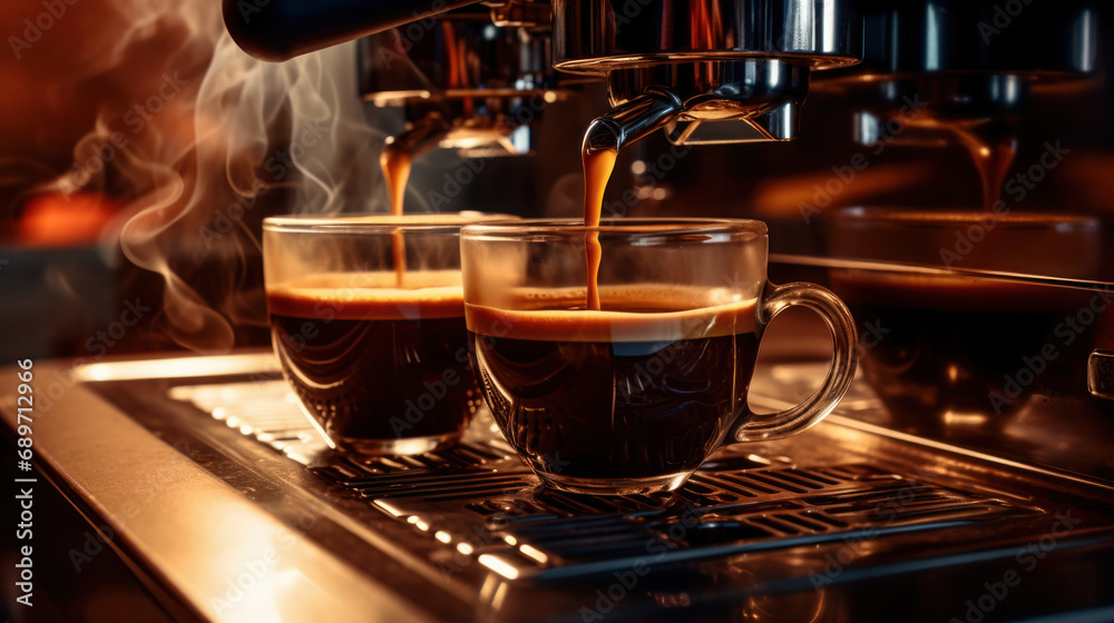 Fototapeta premium Close-up shot of freshly prepared coffee being poured into a cup from a modern coffee machine. Best quality.