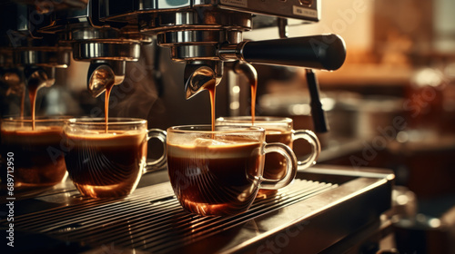 Close-up shot of freshly prepared coffee being poured into a cup from a modern coffee machine. Best quality.