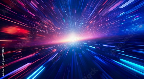 speed and motion at outer space, futuristic background with stars explosion, neon glow and burst universe